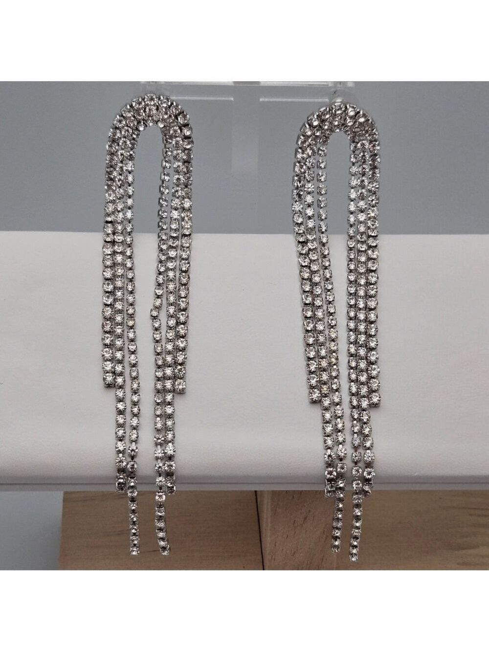 Bridal Long Crystal Rhinestone Fringe Earrings  925 Sterling Silver Posts 4.5"